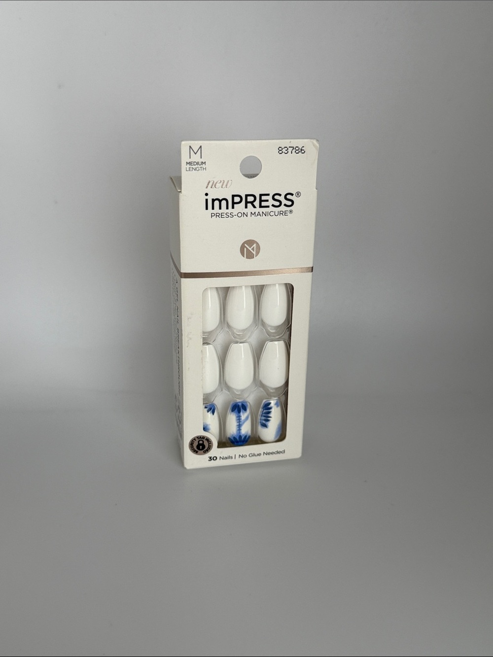imPRESS White Press-On Nails with Blue Floral Accents BNIB
